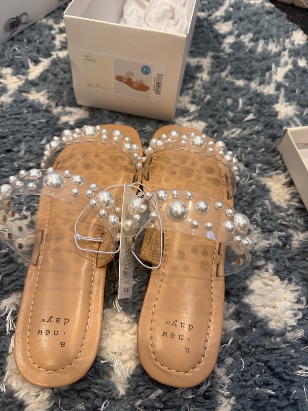 a new day Clear Pearl-Embellished Tan Slide Sandals